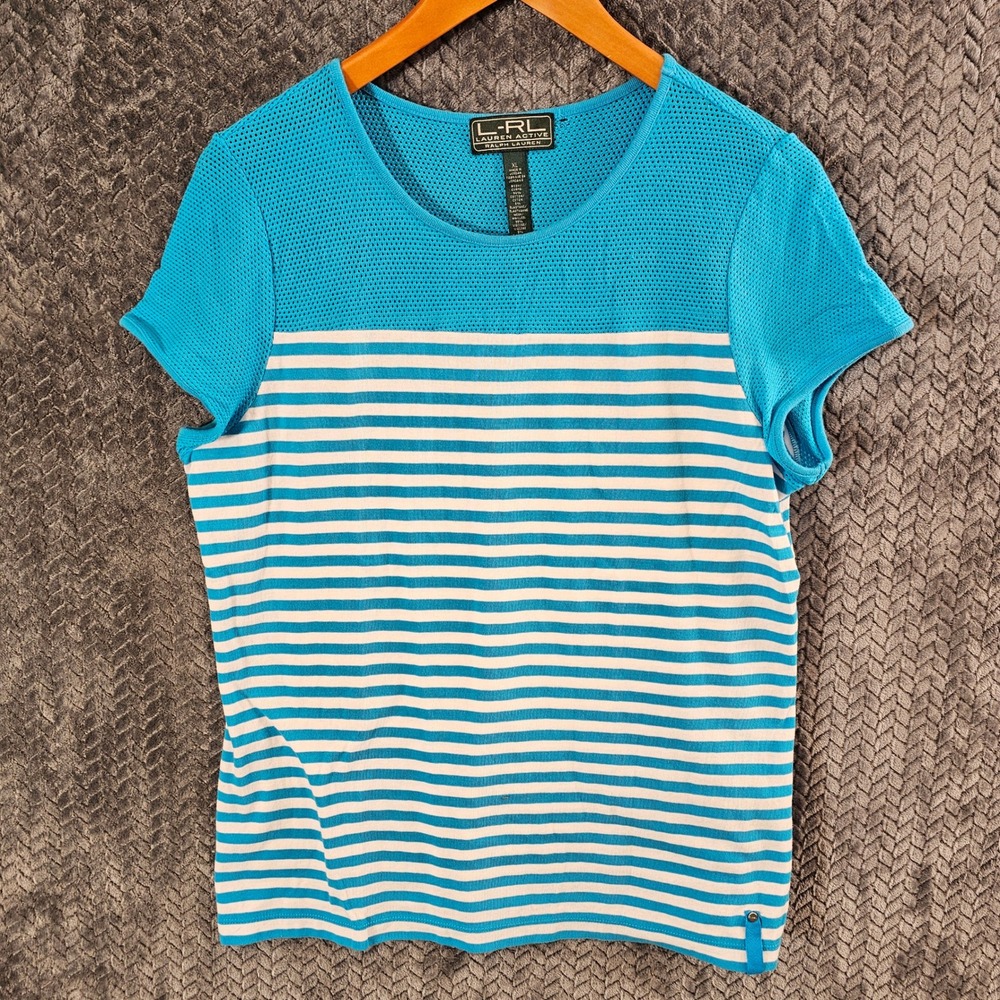 LRL Ralph Lauren Active Women's Turquoise Stripe Mesh Knit‎ Shirt XL